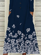 V-Neck Button Floral Oil Painting Print Casual Ladies Dress