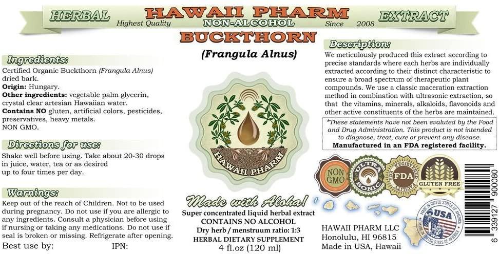 Buckthorn Alcohol-Free Liquid Extract, Organic Buckthorn (Frangula Alnus) Dried Bark Glycerite Hawaii Pharm Natural Herbal Supplement 64 oz