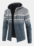 mens ethnic style knitted woolen zipper drawstring hooded sweater cardigan