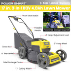 PowerSmart Cordless Lawn Mower, 40V 4.0Ah Push Lawn Mower 17 Inch, Electric Lawn Mower with Grass Bag, 3-in-1 Mower, 5 Adjustable Heights(1.18-3.0'') Battery & Charger Included