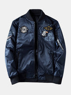 mens letter print applique zip front baseball collar casual double-faced jackets