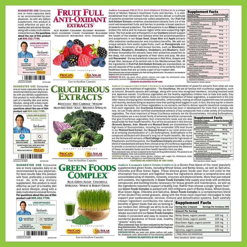 Andrew Lessman 3 Product Healthy Foods Bundle – 360 Count each of Cruciferous Extracts, Fruit Full Anti-Oxidant Extracts and Green Foods Complex. Provides Nutritional Benefits of 20+ Healthiest Foods.
