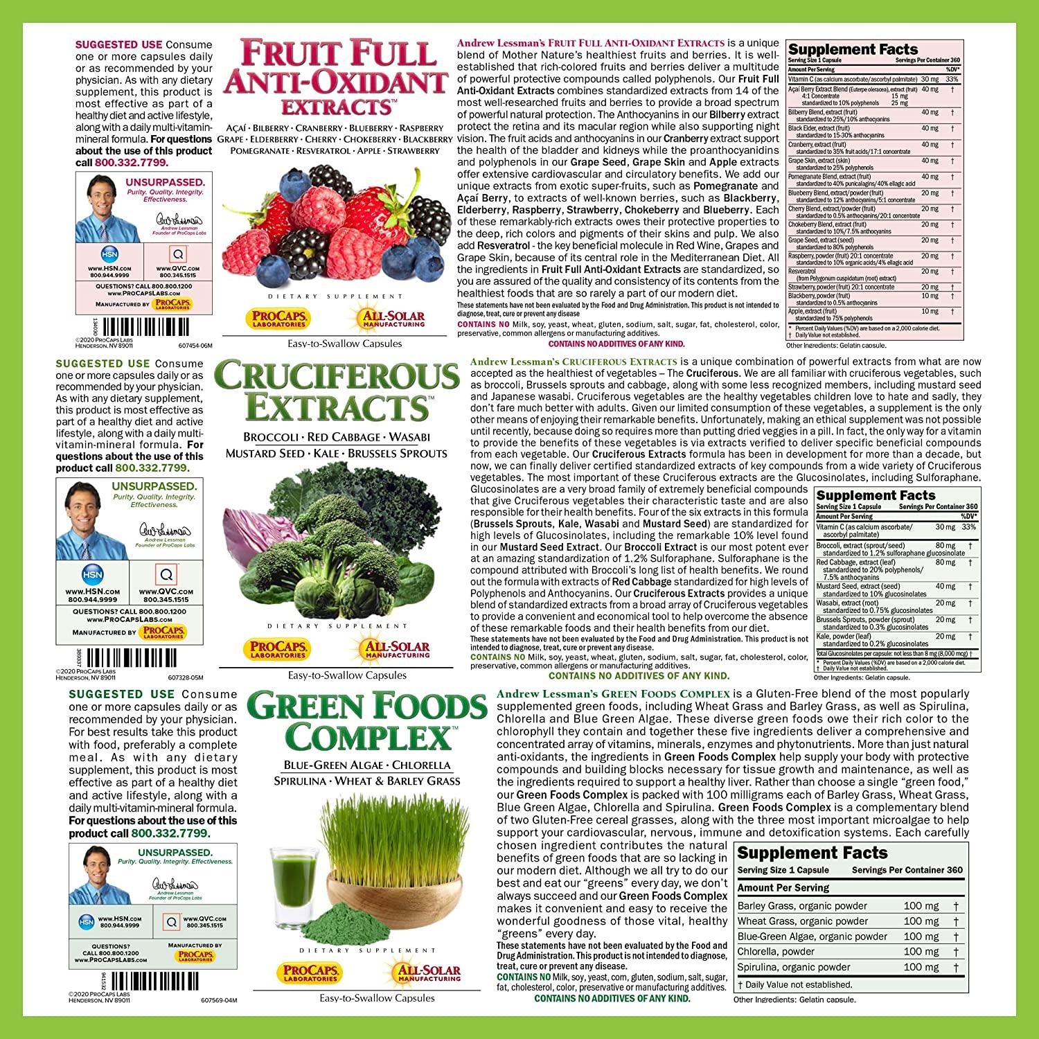 Andrew Lessman 3 Product Healthy Foods Bundle – 360 Count each of Cruciferous Extracts, Fruit Full Anti-Oxidant Extracts and Green Foods Complex. Provides Nutritional Benefits of 20+ Healthiest Foods.