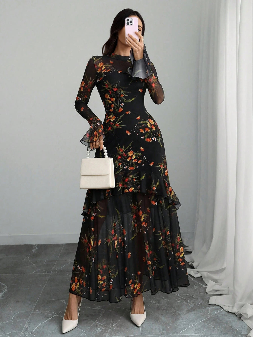 Women's Gothic Elegant Sexy Mesh Splicing Colorful Print Retro Petal Sleeves Ruffle Mermaid Hem Double Layer Dress