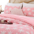 JANZAA Christmas Bedding Duvet Cover Queen Pink Duvet Cover Queen with White Snowflake Stereoscopic 3 Pieces with Zipper Closure 4 Ties Velvet and Soft