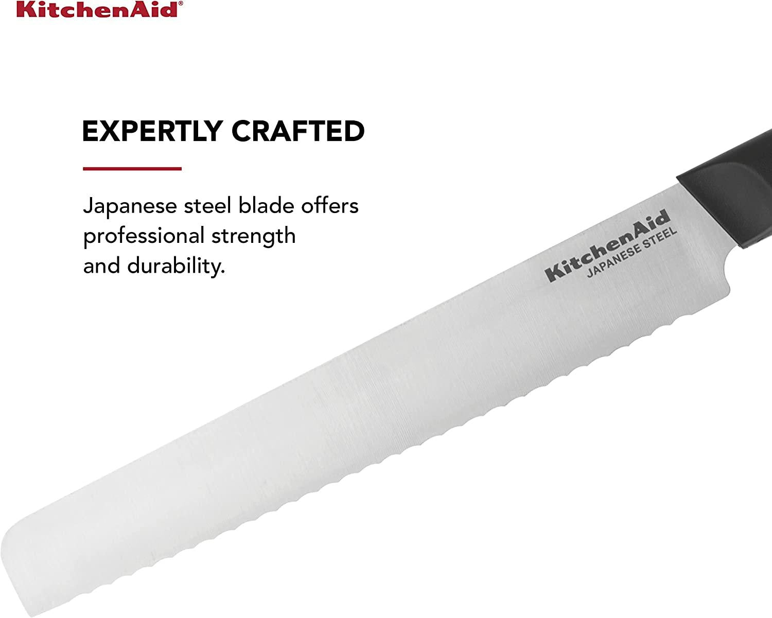 KitchenAid Classic Serrated Bread Knife with Custom-Fit Blade Cover, 8-inch, Sharp Kitchen Knife, High-Carbon Japanese Stainless Steel Blade, Black