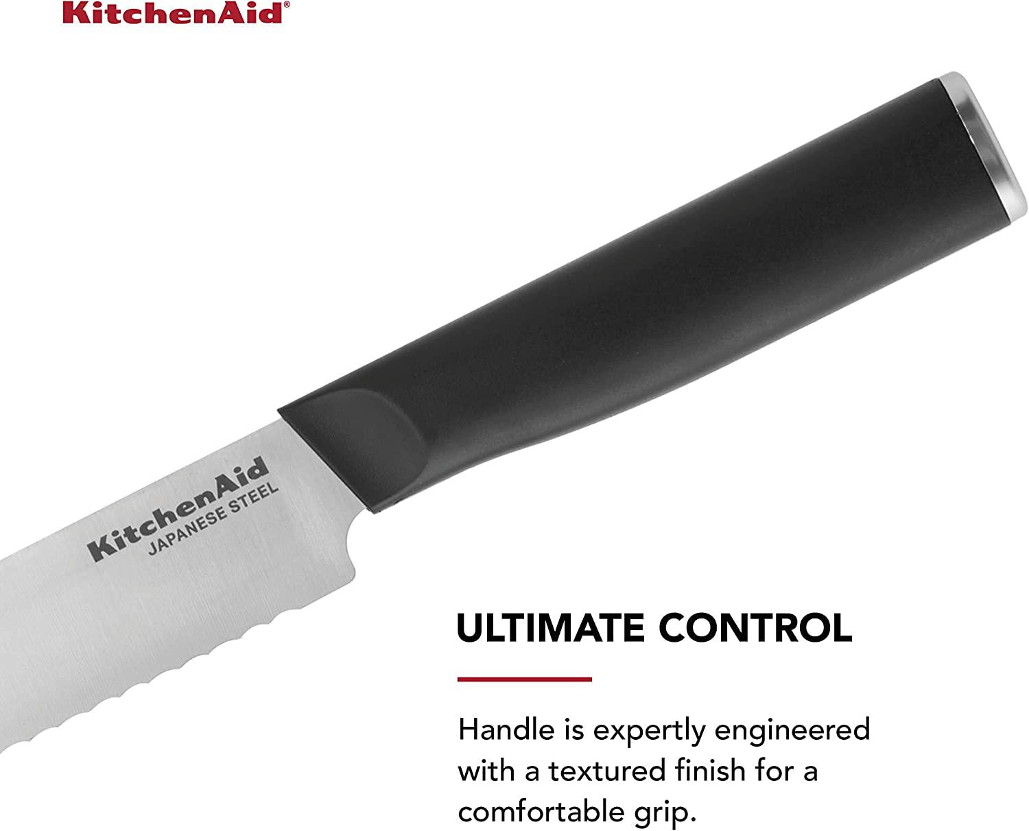 KitchenAid Classic Serrated Bread Knife with Custom-Fit Blade Cover, 8-inch, Sharp Kitchen Knife, High-Carbon Japanese Stainless Steel Blade, Black