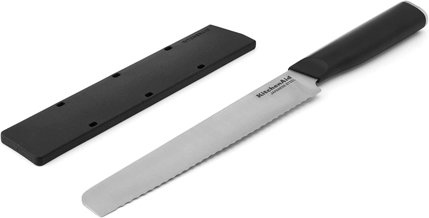 KitchenAid Classic Serrated Bread Knife with Custom-Fit Blade Cover, 8-inch, Sharp Kitchen Knife, High-Carbon Japanese Stainless Steel Blade, Black