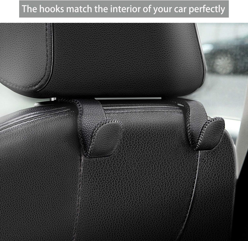 AMVOYOA Headrest Hooks for Car, Back Seat Organizer Black Leather Hanger Holder Hook, for Hanging Purses and Bags and Coats, Pack of 2