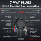 Dazakoot 15 Ft Heavy Duty 3 in 1 Semi Truck Air Line Kit, 7 Way ABS Electrical Cable and Rubber Air Lines for Tractor Trailer with Aluminum Emergency Glad Hands, Semi Truck Air Hose Kit
