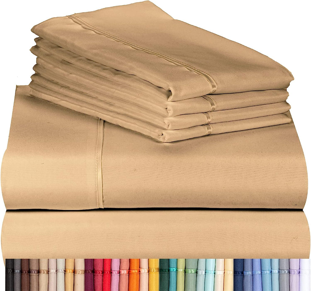 LuxClub 7 PC Split King Sheet Set Bamboo Sheets Deep Pockets 18" Eco Friendly Wrinkle Free Cooling Sheets Machine Washable Hotel Bedding Silky Soft - Mocha Split King