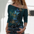Fashion Butterfly Print One-shoulder Top Women