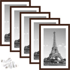 upsimples 11x17 Picture Frame Set of 5, Display Pictures 9x15 with Mat or 11x17 Without Mat, Wall Gallery Photo Frames, Brown