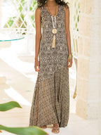 Bohemian Holiday Dress Sleeveless Stitching Printed Dress