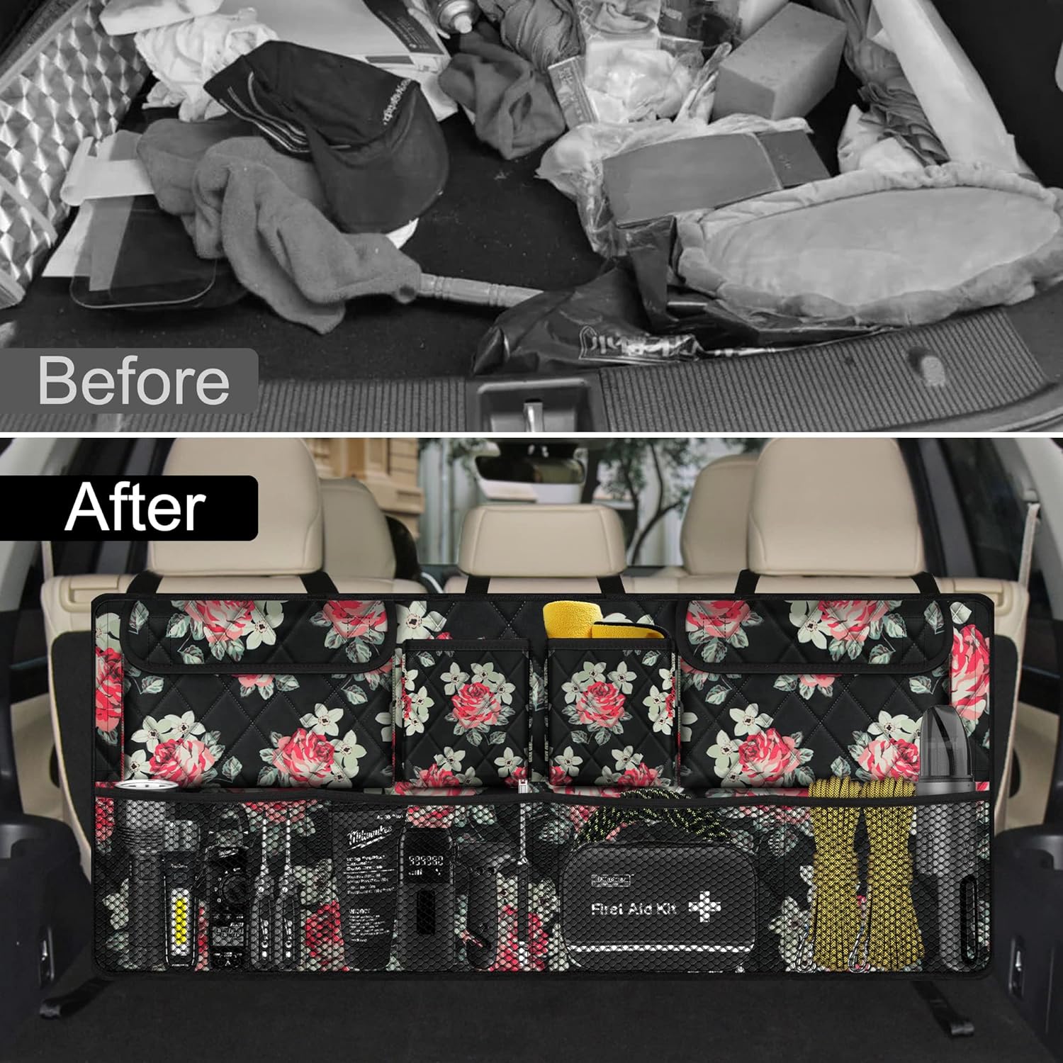 Car Trunk Organizer,Large Capacity Backseat Trunk Organizer(42"*18"),Collapsible Car Storage Bag with 8 Pocekt,Car Organizer for SUV/MPV/Truck - Floral