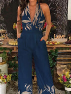 Fashion Leaf Floral Print V-neck Jumpsuit Women