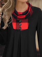 Casual Plaid Stitching Cowl Neck Long Sleeves T-shirt