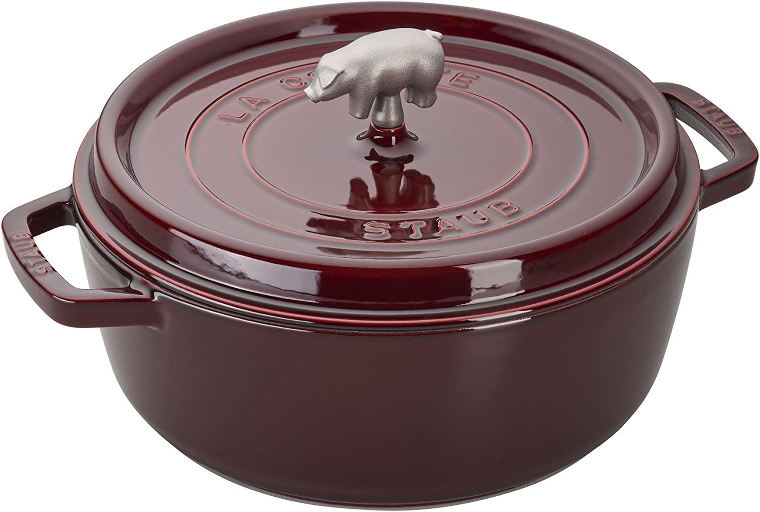 Staub Cast Iron 6-qt Cochon Shallow Wide Round Cocotte - Grenadine, Made in France