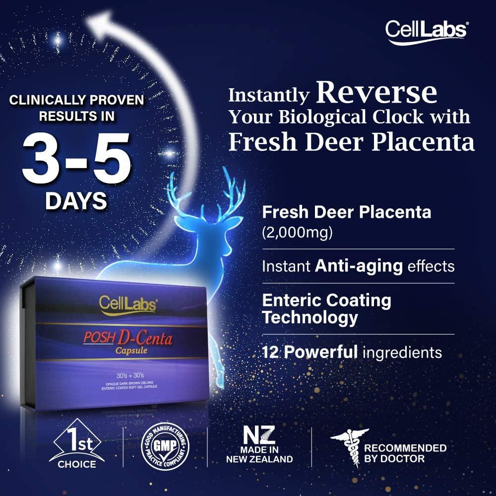 CellLabs Posh D-Centa Deer Placenta Live Stem Cell Therapy, Powerful Anti-Aging Formula, Cellular Repair & Energy Metabolism 12 in 1 Formulation with Marine Collagen, 60’s Capsule, 2 Months Supply