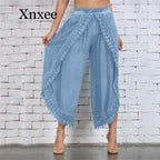 elastic lace crochet wide leg pants