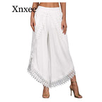 elastic lace crochet wide leg pants