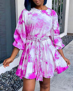 Tie Dye Long Sleeve Knotted Pleated Dress
