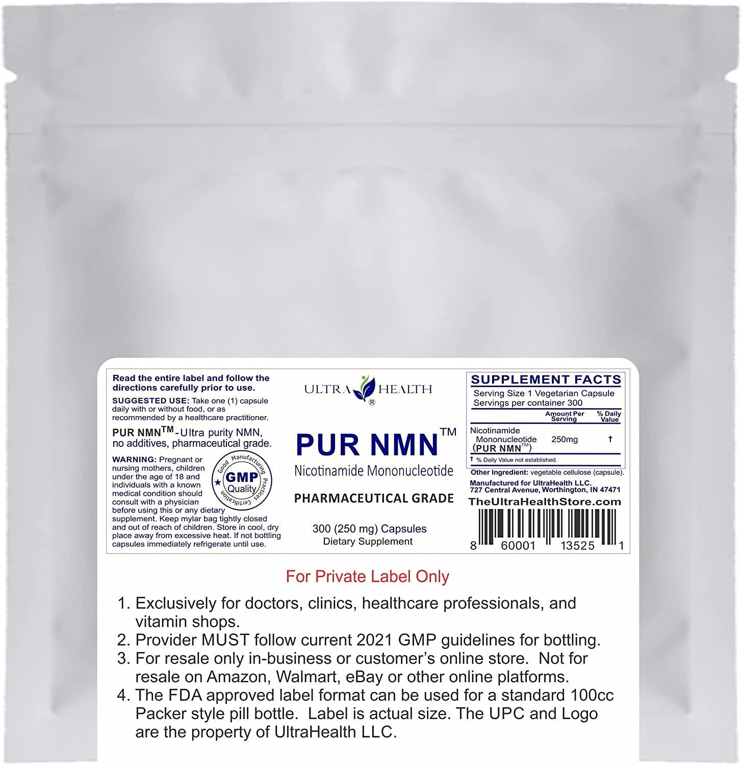 PUR NMN (nicotinamide mononucleotide) 300 Capsules, 250mg Count, Pharmaceutical Grade NMN, Best Price per Capsule, NAD Supplement