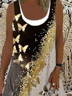 Butterfly Print Crew Neck Sleeveless Fake Two Dress