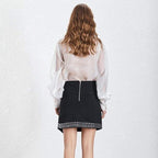 mesh thin lace up bow collar tops