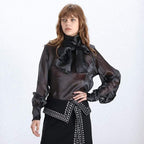 mesh thin lace up bow collar tops