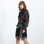 mesh thin lace up bow collar tops