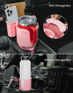 JoyTutus Cup Holder with Storage Box, Cup Holder Expander for Car, Large Car Cup Holder Adapt Most Regular Cup Holder 18-40oz, with Attached Organizer, Pink