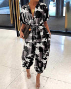 fold-over collar single-breasted short-sleeved camouflage jumpsuit
