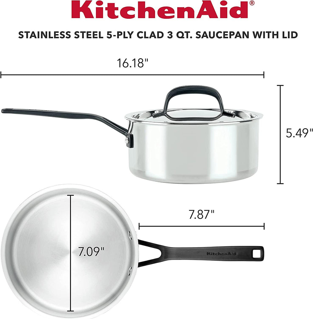 KitchenAid 5-Ply Clad Polished Stainless Steel Saucepan with Lid, 3 Quart