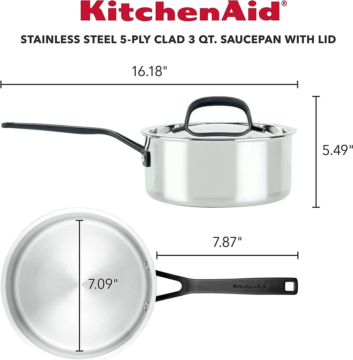 KitchenAid 5-Ply Clad Polished Stainless Steel Saucepan with Lid, 3 Quart