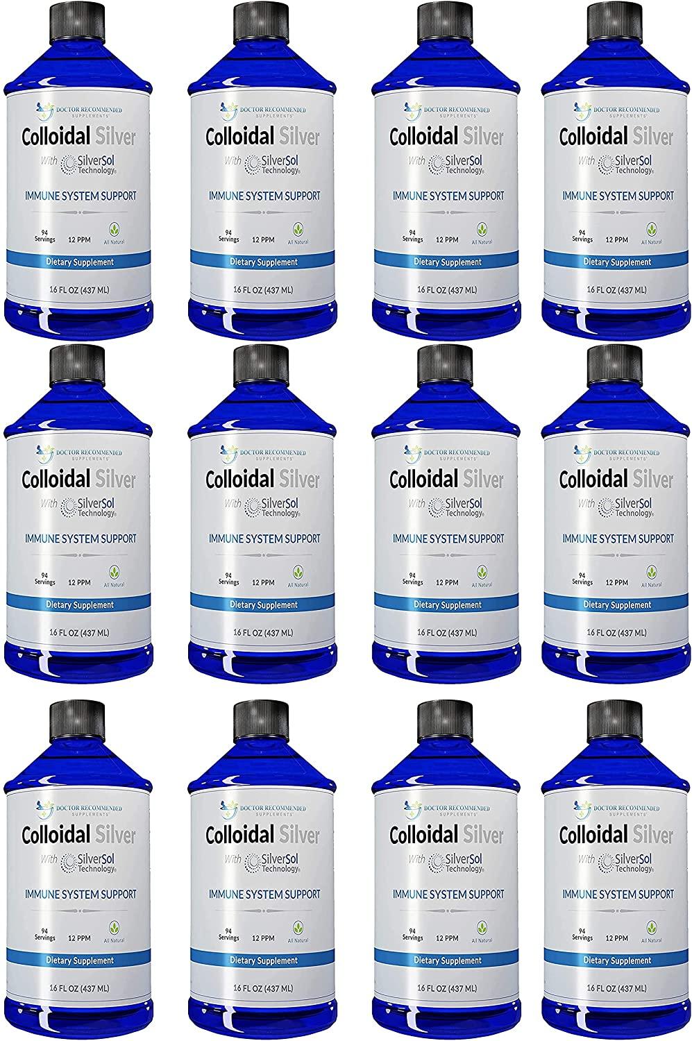 Colloidal Silver Liquid - 12 PPM Premium Silver Solution, 60 MCG Per Serving, All Natural, Vegan Immune System Support, Ionic Silver Water Daily Mineral Supplement (12- 16 Fl oz Bottles)
