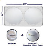 Magnelex Car Windshield Sunshade with Bonus Steering Wheel Cover Sun Shade. Reflective Polyester Blocks Heat and Sun. Foldable Sun Shield That Keeps Your Vehicle Cool (Large 63 x 33.8 in)