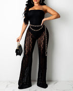 Beadeau Crochet Lace Patch Sheer Mesh Skinny Jumpsuit