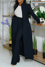 Turndown Collar Solid Color Long Blazer High Waist Pants 2pcs Set-Green
