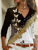 Fashion Butterfly Print V-neck Long Sleeve T-shirt Women