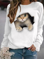 Round Neck Cat Print Casual Loose Pullover Sweatshirt