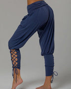 pure color high waist pockets casual lace up pants