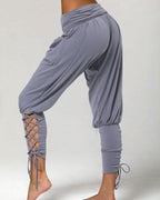 pure color high waist pockets casual lace up pants