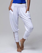 pure color high waist pockets casual lace up pants