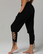 pure color high waist pockets casual lace up pants