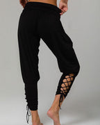 pure color high waist pockets casual lace up pants