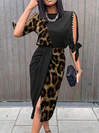 Fashion Leopard Print Color Block Midi Dress Women