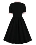 vintage contrast pink &amp; black elegant button midi dress a-line dress
