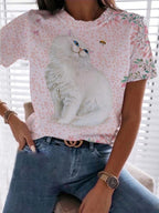 Ladies Short Sleeve Round Neck Cat Print T-shirt