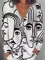 V-neck Geometric Casual Long-sleeved T-shirt